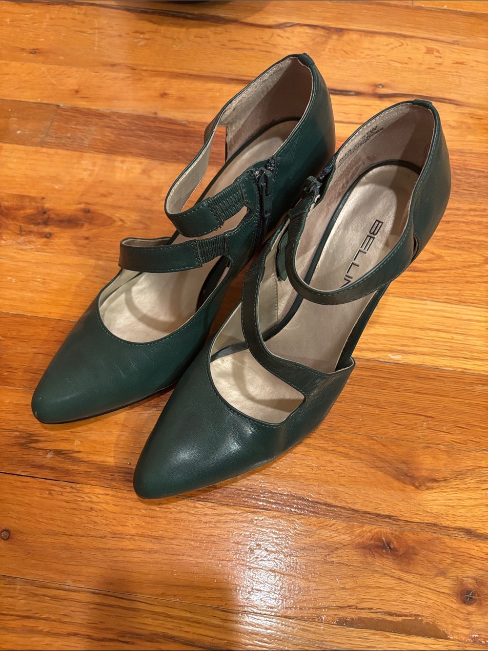 Bellini Dark Green Pointed Mary Jane Strappy Pumps